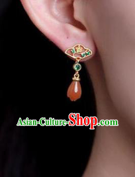 China Traditional Cheongsam Green Crystal Ear Accessories National Wedding Red Agate Mangnolia Earrings