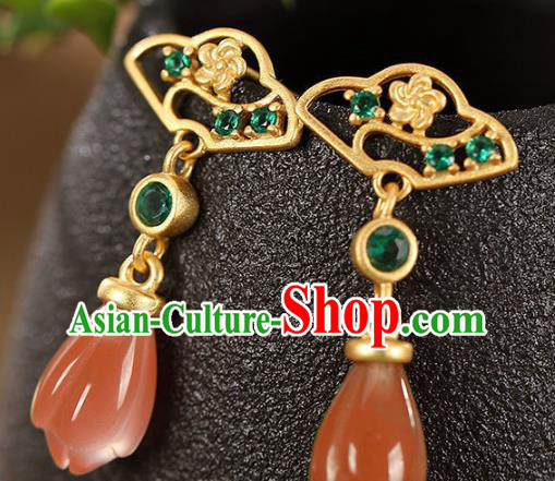 China Traditional Cheongsam Green Crystal Ear Accessories National Wedding Red Agate Mangnolia Earrings