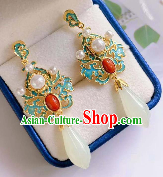 China Traditional Cheongsam Agate Ear Accessories National Wedding Jade Mangnolia Earrings