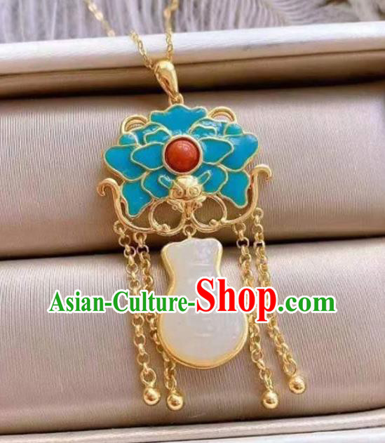 China Handmade Jade Lucky Bag Necklace Jewelry Accessories Traditional Blueing Peony Pendant