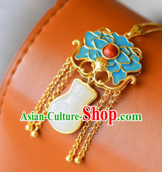 China Handmade Jade Lucky Bag Necklace Jewelry Accessories Traditional Blueing Peony Pendant