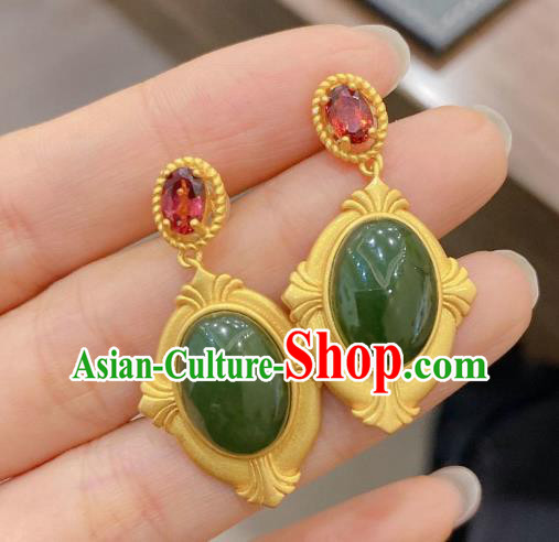 China Traditional Cheongsam Green Jade Ear Accessories National Garnet Earrings
