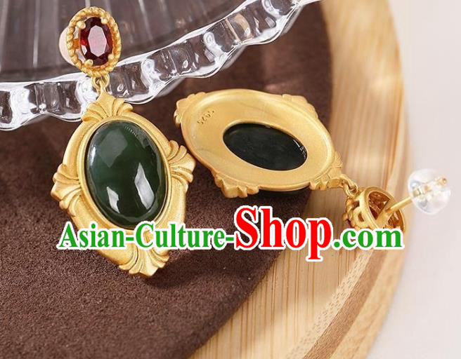 China Traditional Cheongsam Green Jade Ear Accessories National Garnet Earrings