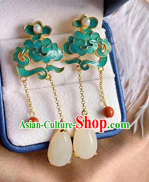 China Traditional Cheongsam Jade Tassel Ear Accessories National Enamel Cloud Earrings