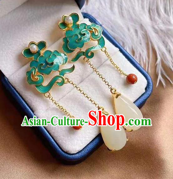 China Traditional Cheongsam Jade Tassel Ear Accessories National Enamel Cloud Earrings