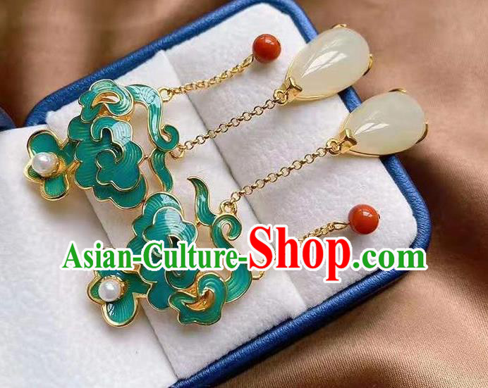 China Traditional Cheongsam Jade Tassel Ear Accessories National Enamel Cloud Earrings
