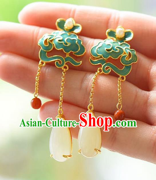 China Traditional Cheongsam Jade Tassel Ear Accessories National Enamel Cloud Earrings