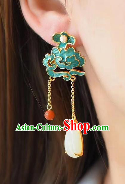 China Traditional Cheongsam Jade Tassel Ear Accessories National Enamel Cloud Earrings