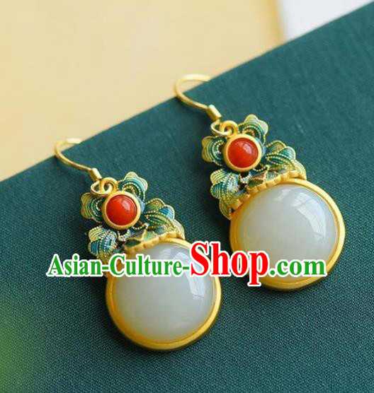 China Traditional Cheongsam Enamel Ear Accessories National White Jade Earrings