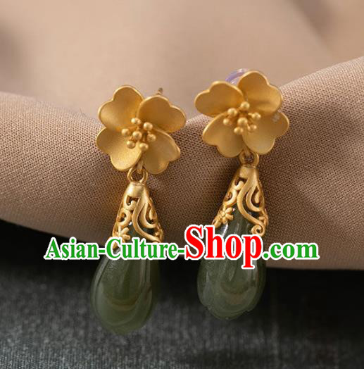 China National Jade Mangnolia Earrings Traditional Cheongsam Golden Ear Accessories