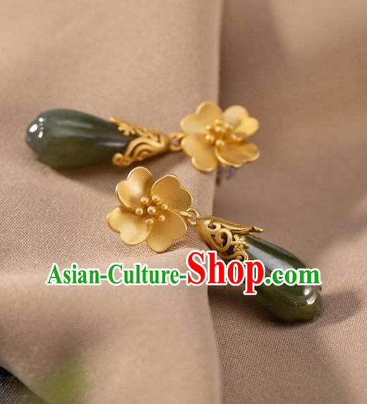 China National Jade Mangnolia Earrings Traditional Cheongsam Golden Ear Accessories