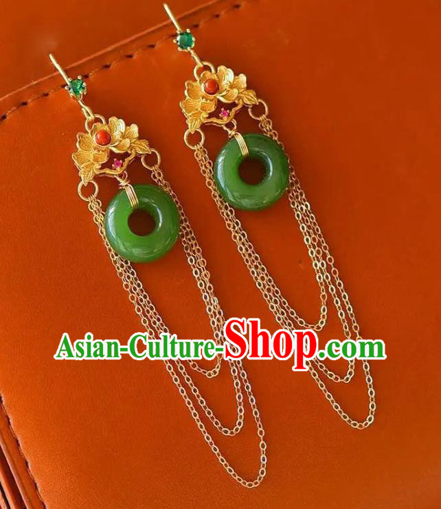 China National Golden Peony Tassel Earrings Traditional Cheongsam Jade Ear Jewelry Accessories