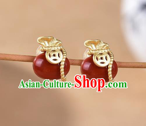 China National Agate Lucky Bag Earrings Traditional Cheongsam Golden Copper Ear Jewelry Accessories