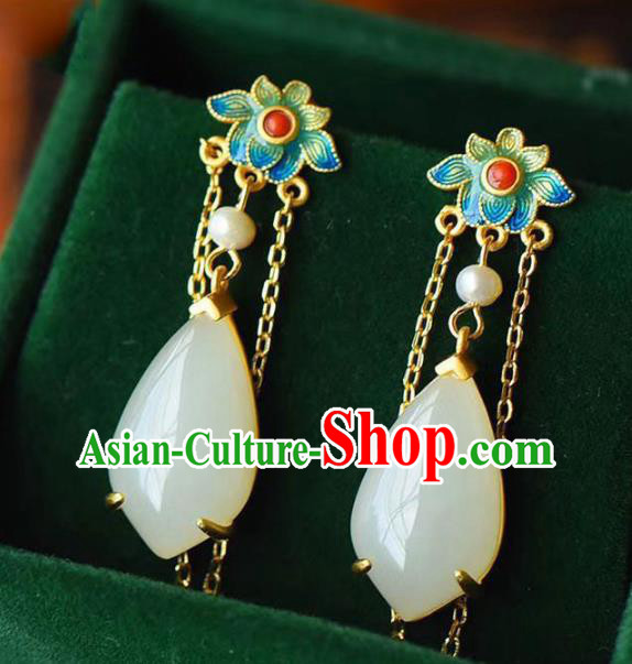 China Traditional White Jade Ear Jewelry Accessories National Cheongsam Enamel Lotus Earrings