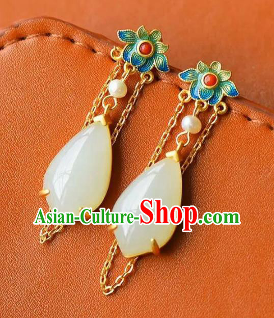 China Traditional White Jade Ear Jewelry Accessories National Cheongsam Enamel Lotus Earrings