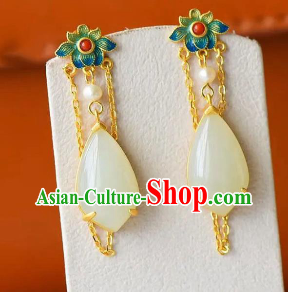 China Traditional White Jade Ear Jewelry Accessories National Cheongsam Enamel Lotus Earrings