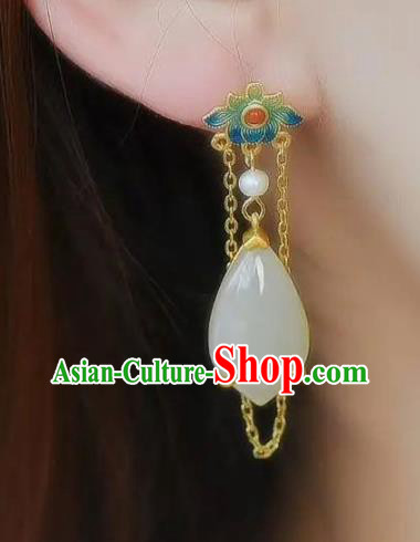 China Traditional White Jade Ear Jewelry Accessories National Cheongsam Enamel Lotus Earrings