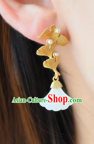 China Traditional Golden Ear Jewelry Accessories National Cheongsam Jade Ginkgo Leaf Earrings