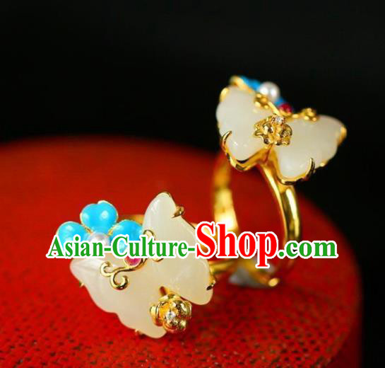 Chinese Handmade Jade Butterfly Ring Jewelry Accessories Classical Court Golden Circlet