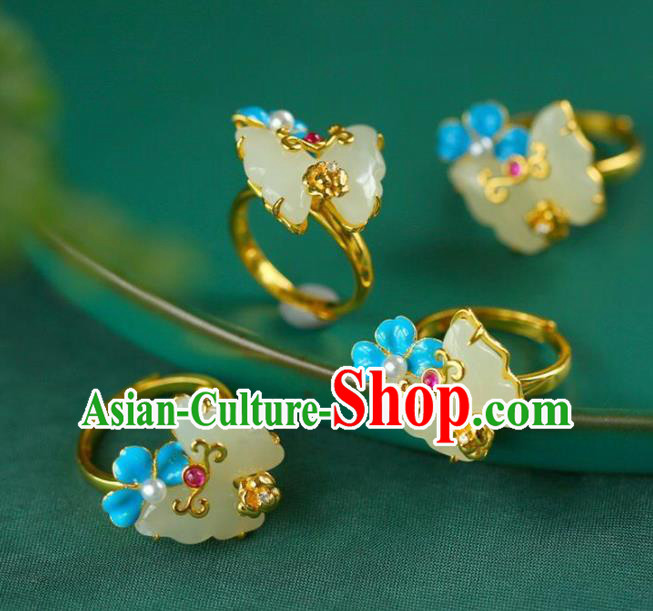 Chinese Handmade Jade Butterfly Ring Jewelry Accessories Classical Court Golden Circlet
