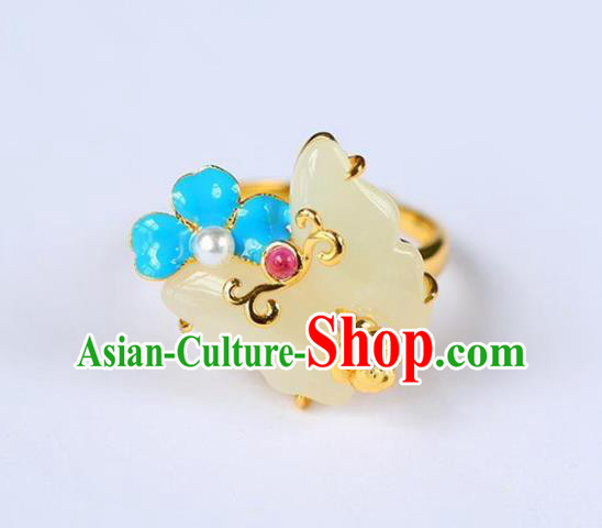 Chinese Handmade Jade Butterfly Ring Jewelry Accessories Classical Court Golden Circlet