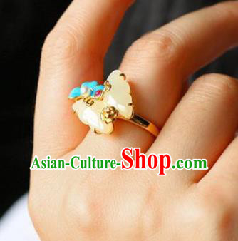 Chinese Handmade Jade Butterfly Ring Jewelry Accessories Classical Court Golden Circlet