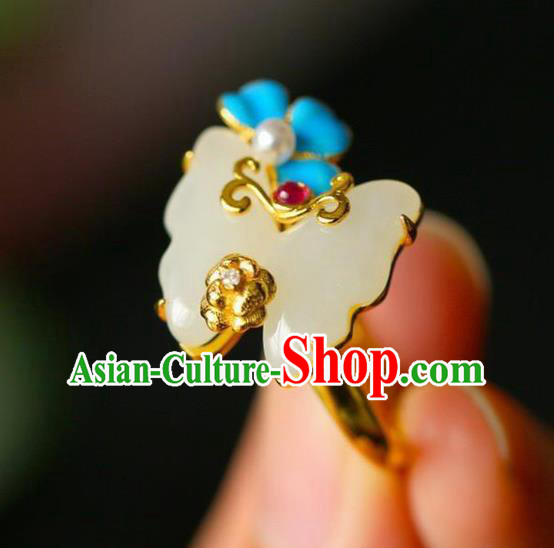 Chinese Handmade Jade Butterfly Ring Jewelry Accessories Classical Court Golden Circlet
