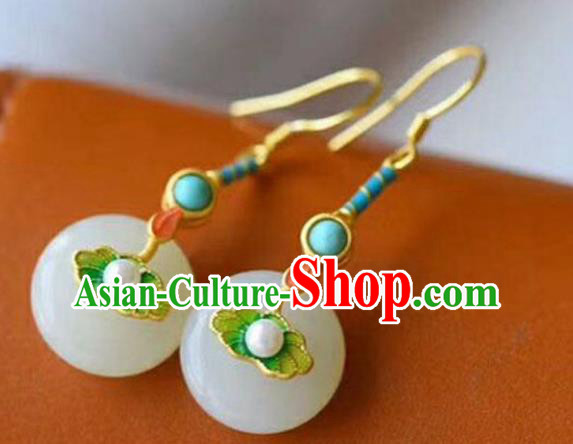 China Traditional Jade Peace Buckle Ear Jewelry Accessories National Cheongsam Enamel Lotus Leaf Earrings