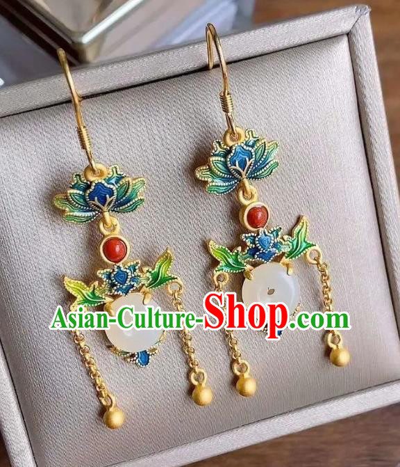 China Traditional Cloisonne Lotus Ear Jewelry Accessories National Cheongsam Jade Peace Buckle Earrings