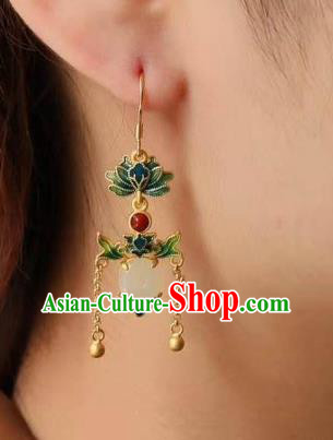 China Traditional Cloisonne Lotus Ear Jewelry Accessories National Cheongsam Jade Peace Buckle Earrings
