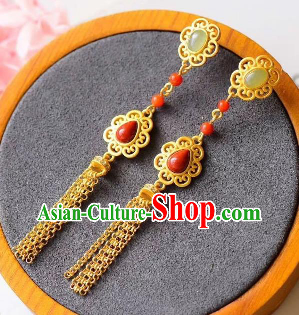 China Traditional Court Golden Tassel Ear Jewelry Accessories National Cheongsam Agate Earrings