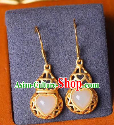 China Traditional Jade Heart Ear Jewelry Accessories National Cheongsam Golden Gourd Earrings