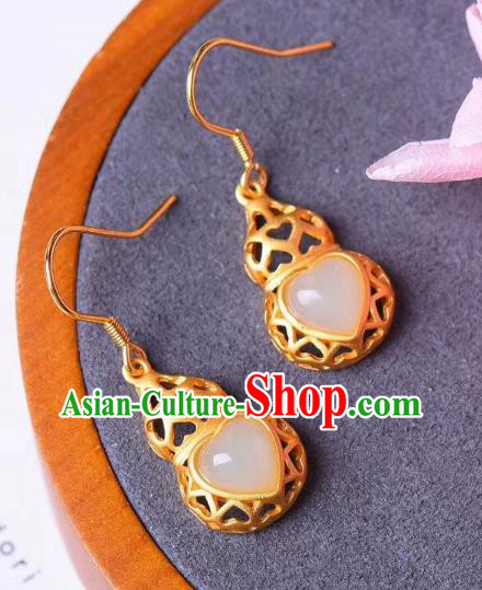 China Traditional Jade Heart Ear Jewelry Accessories National Cheongsam Golden Gourd Earrings