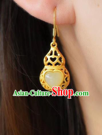 China Traditional Jade Heart Ear Jewelry Accessories National Cheongsam Golden Gourd Earrings