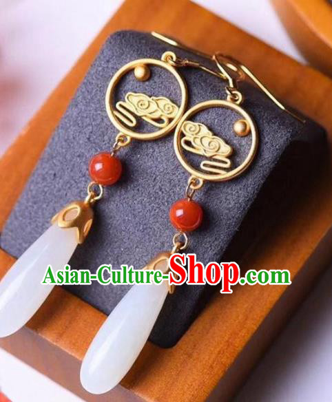 China Traditional White Jade Ear Jewelry Accessories National Cheongsam Golden Cloud Earrings