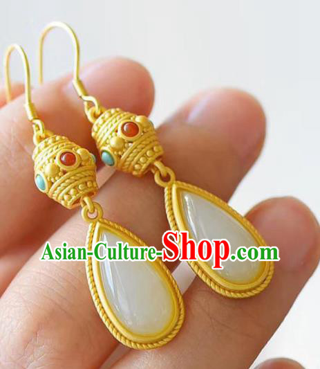 China Traditional Jade Coral Ear Jewelry Accessories National Cheongsam Golden Earrings
