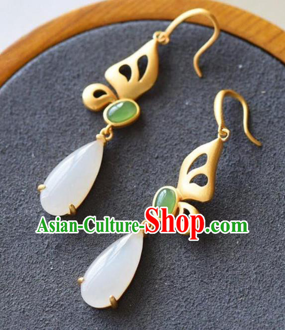 China Traditional White Chalcedony Ear Jewelry Accessories National Cheongsam Golden Butterfly Earrings