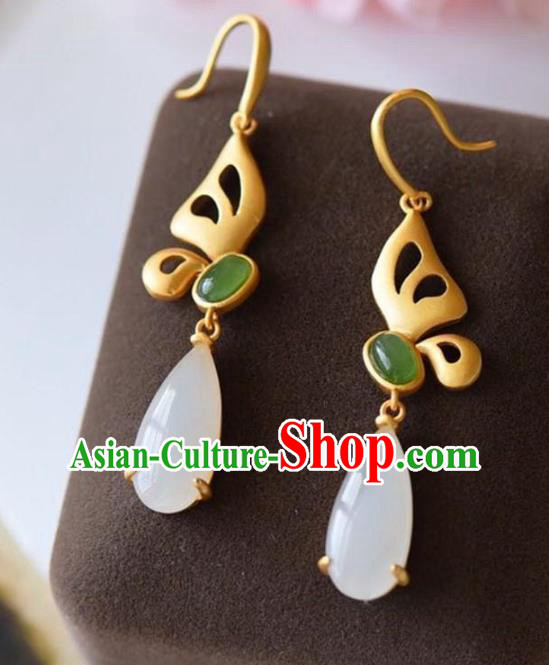 China Traditional White Chalcedony Ear Jewelry Accessories National Cheongsam Golden Butterfly Earrings