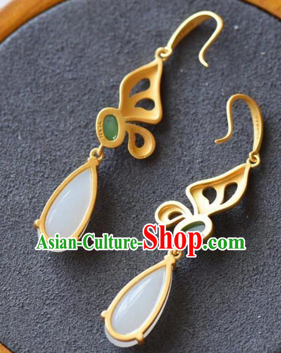 China Traditional White Chalcedony Ear Jewelry Accessories National Cheongsam Golden Butterfly Earrings