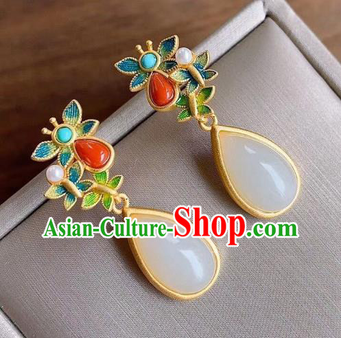 China Traditional Coral Ear Jewelry Accessories National Cheongsam Cloisonne Jade Earrings