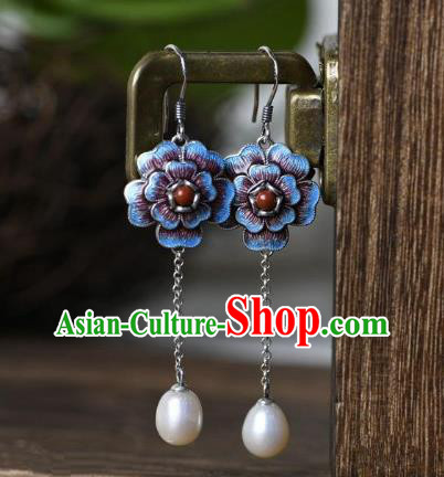 China Traditional Cloisonne Peony Ear Jewelry Accessories National Cheongsam Pearl Tassel Earrings