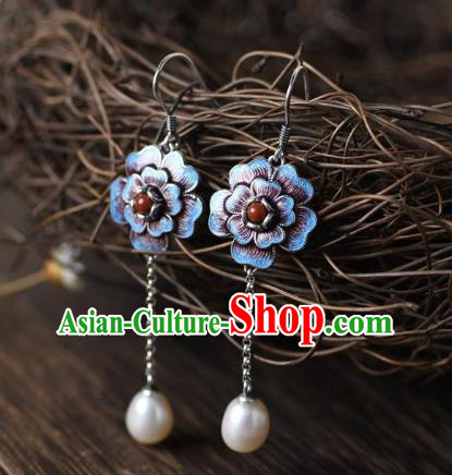 China Traditional Cloisonne Peony Ear Jewelry Accessories National Cheongsam Pearl Tassel Earrings