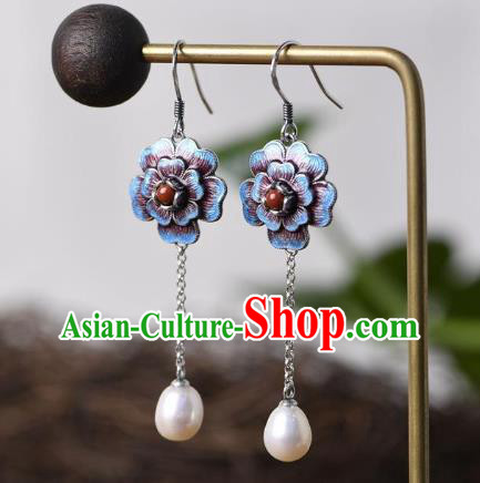 China Traditional Cloisonne Peony Ear Jewelry Accessories National Cheongsam Pearl Tassel Earrings