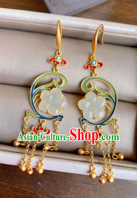 China Traditional Jade Plum Ear Jewelry Accessories National Cheongsam Golden Tassel Earrings