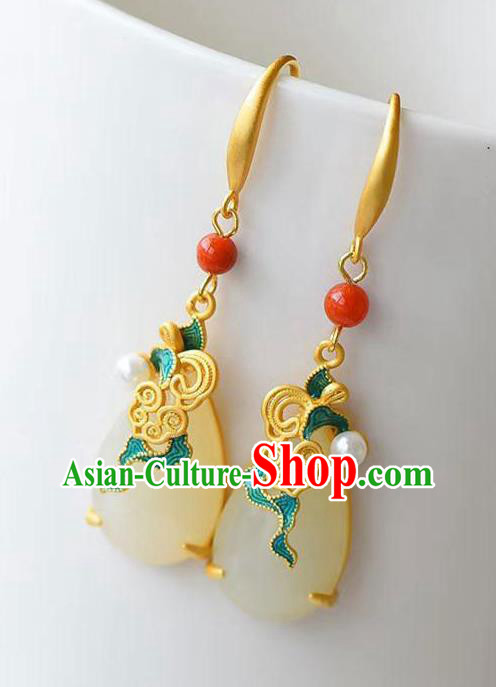 China Traditional Blueing Cloud Ear Jewelry Accessories National Cheongsam White Jade Earrings
