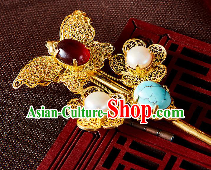 China Handmade Pearls Hair Jewelry Accessories Traditional Qing Dynasty Golden Filigree Butterfly Hairpin