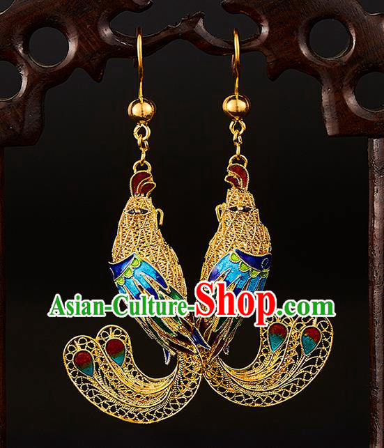 China Traditional Qing Dynasty Blueing Phoenix Ear Jewelry Accessories Ancient Empress Filigree Earrings