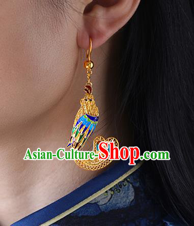 China Traditional Qing Dynasty Blueing Phoenix Ear Jewelry Accessories Ancient Empress Filigree Earrings