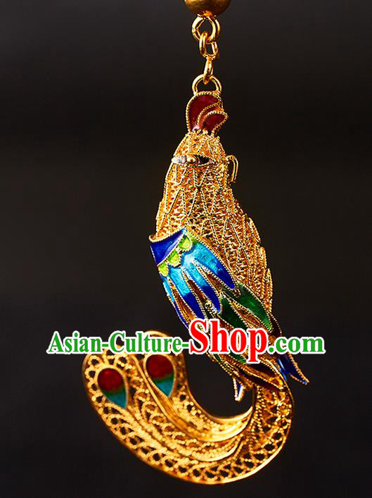 China Traditional Qing Dynasty Blueing Phoenix Ear Jewelry Accessories Ancient Empress Filigree Earrings