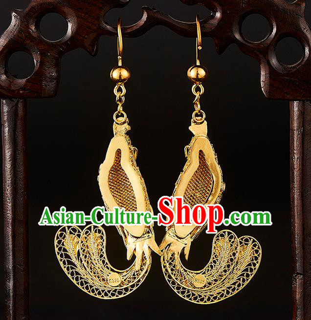 China Traditional Qing Dynasty Blueing Phoenix Ear Jewelry Accessories Ancient Empress Filigree Earrings